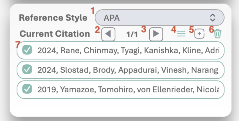 CiteGeist Word current citation panel