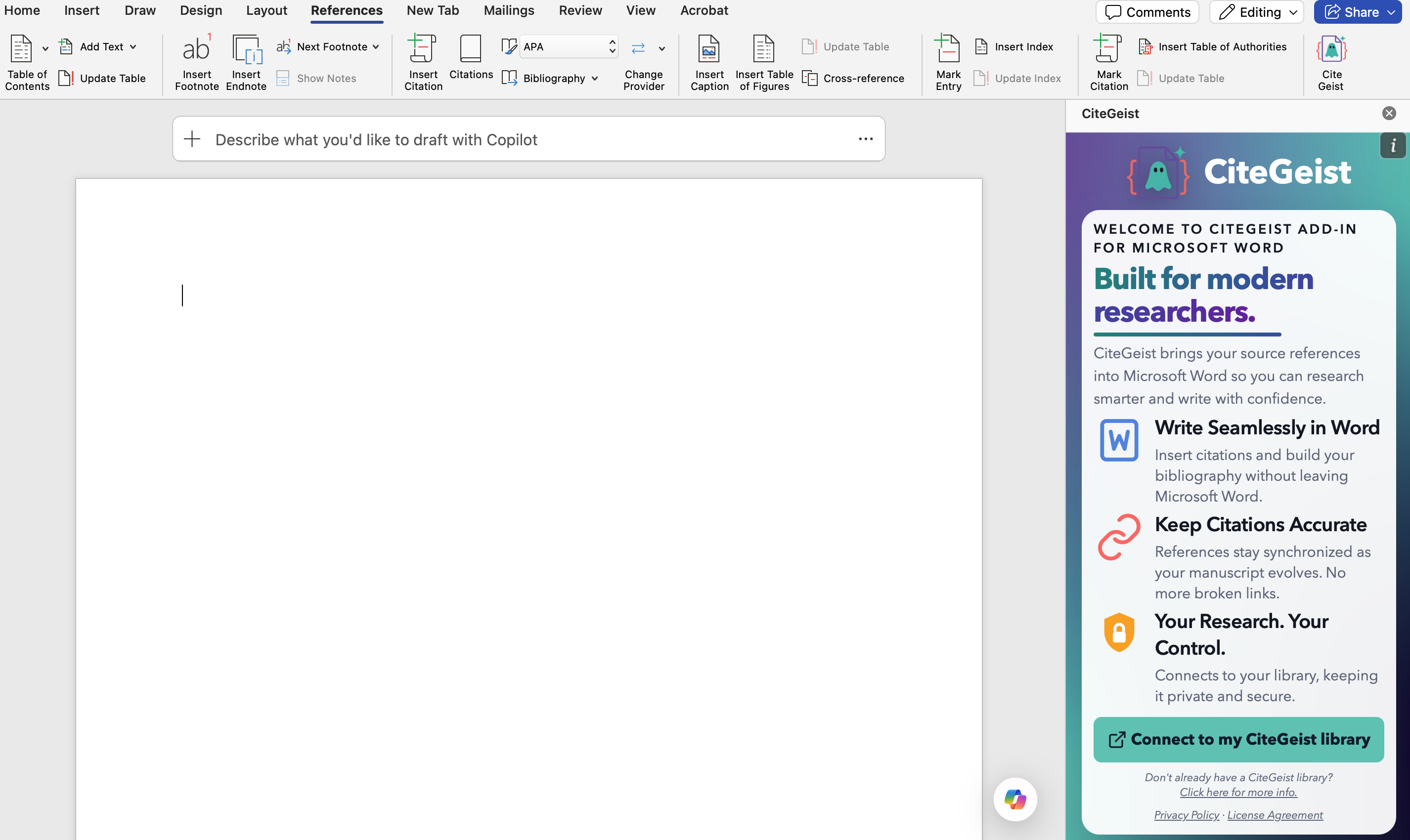 CiteGeist first run screen in Word