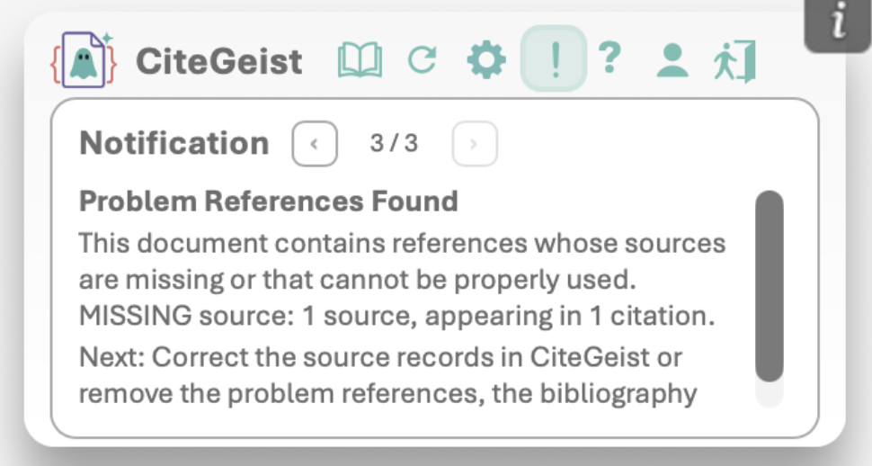 CiteGeist Word notifications panel