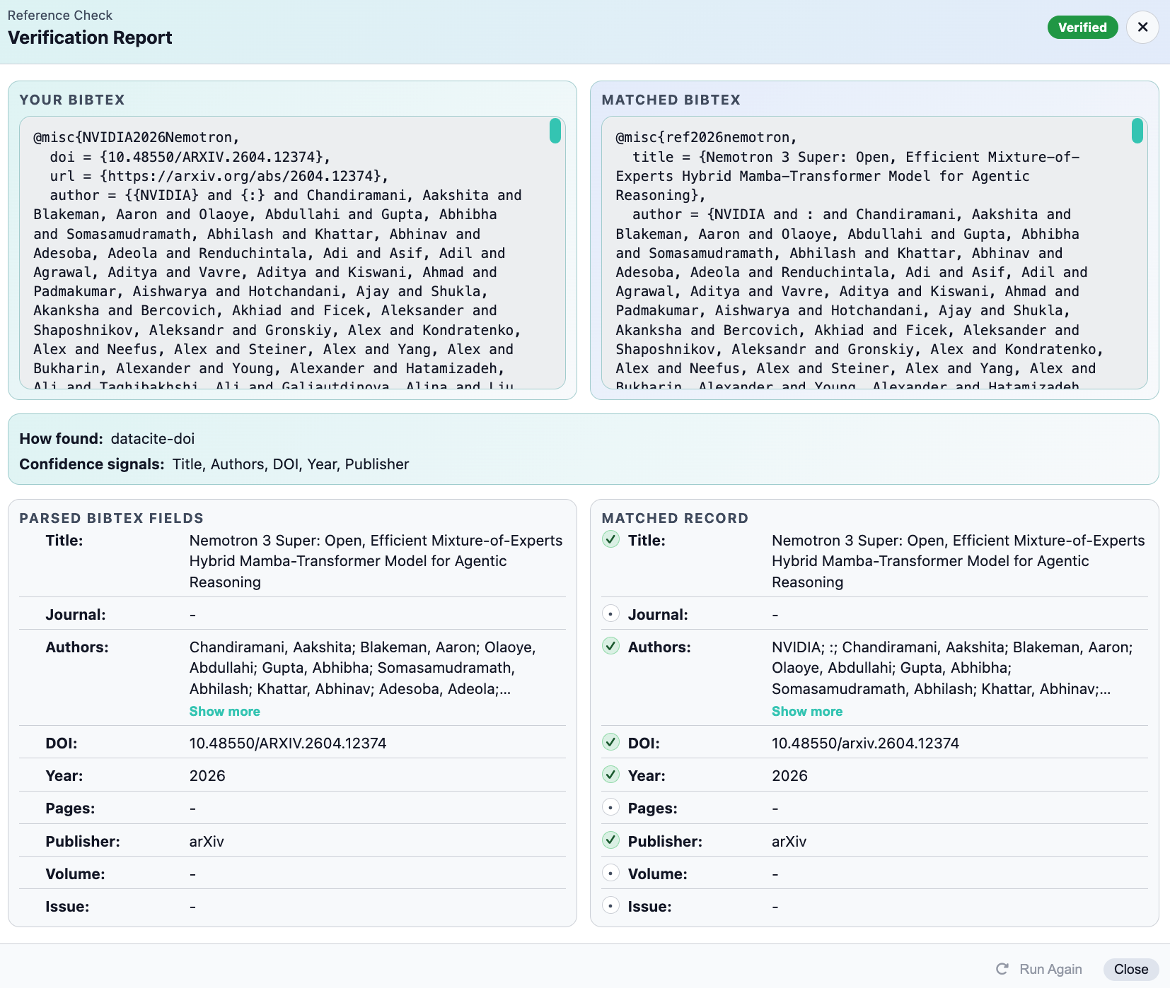 CiteGeist verification report showing matched BibTeX and parsed fields