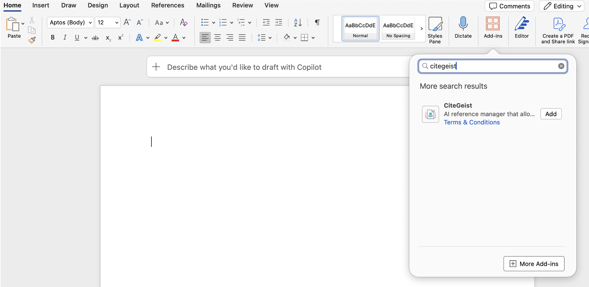 Adding the CiteGeist add-in in Word