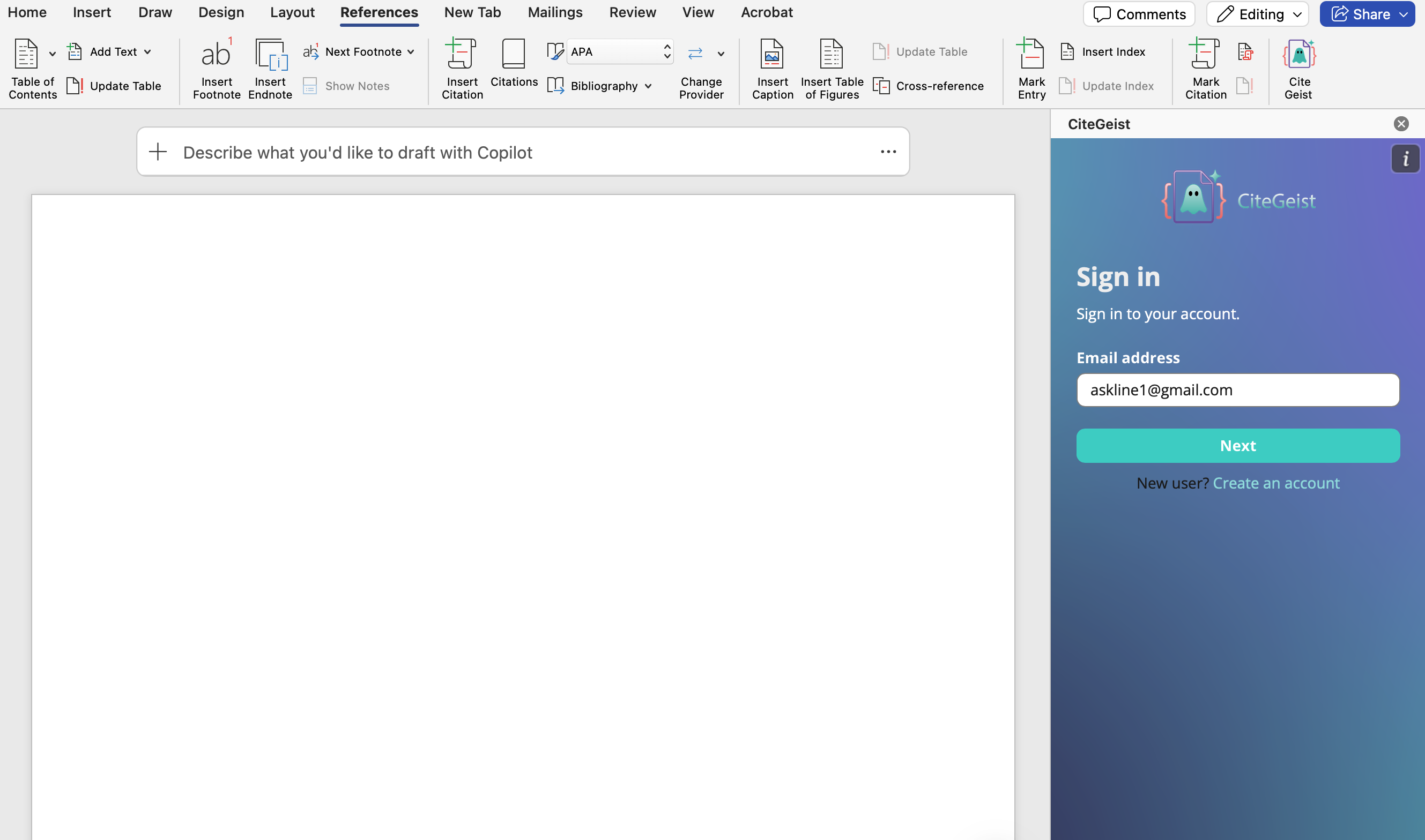 Signing in to CiteGeist in Word